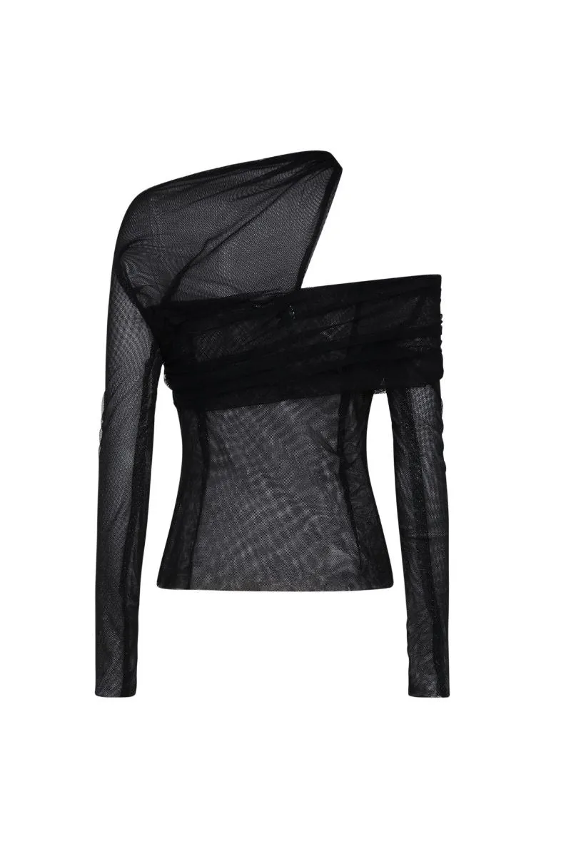BLACK DRAP ASYMMETRIC OFF-SHOULDER TOP