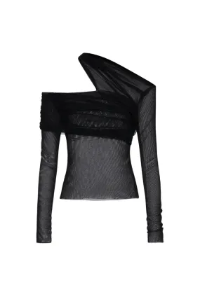 BLACK DRAP ASYMMETRIC OFF-SHOULDER TOP