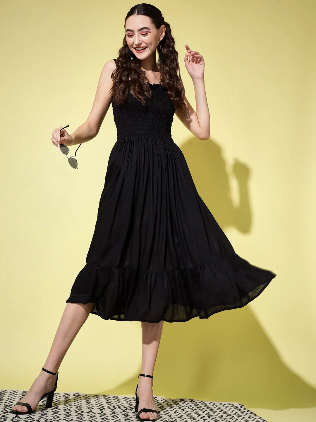 Black Smocking Long Dress