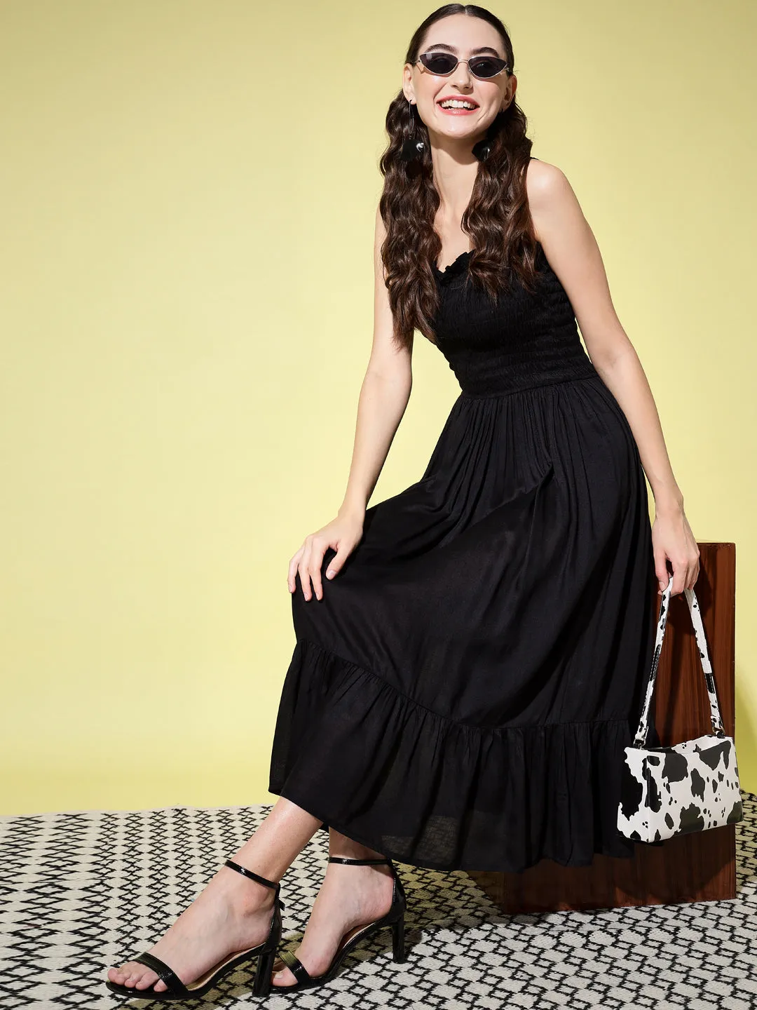 Black Smocking Long Dress
