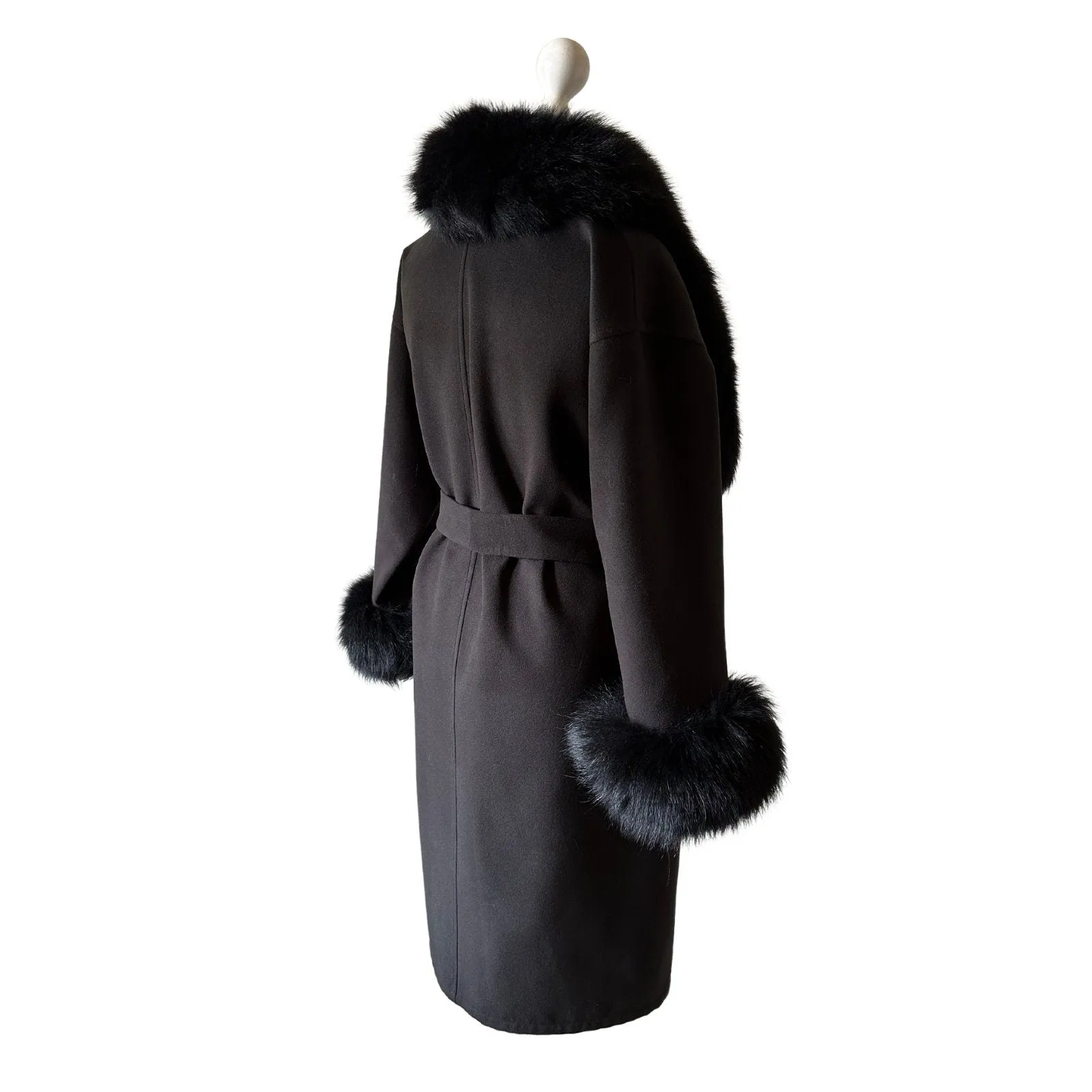 Black Wrap Elegant Women coat, Long Belted Feminine Overcoat Trim Fox Fur, Woolen blend Coat Wrap