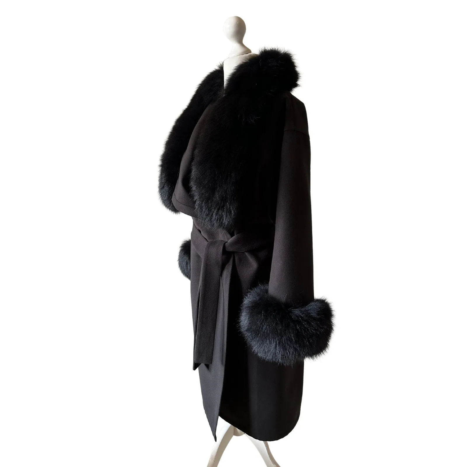 Black Wrap Elegant Women coat, Long Belted Feminine Overcoat Trim Fox Fur, Woolen blend Coat Wrap
