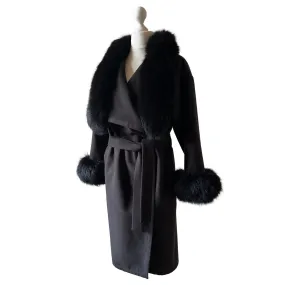 Black Wrap Elegant Women coat, Long Belted Feminine Overcoat Trim Fox Fur, Woolen blend Coat Wrap