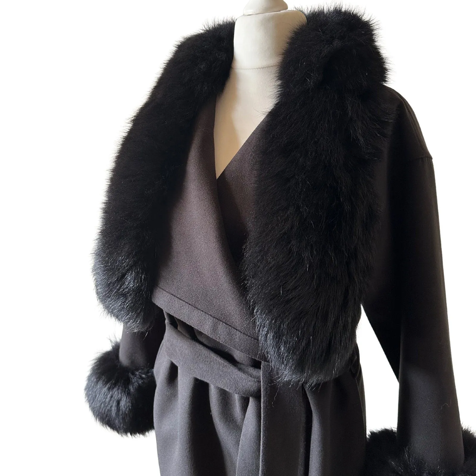 Black Wrap Elegant Women coat, Long Belted Feminine Overcoat Trim Fox Fur, Woolen blend Coat Wrap