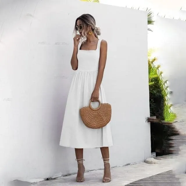 BOHO BACKLESS RUCHED SLIP MIDI DRESS