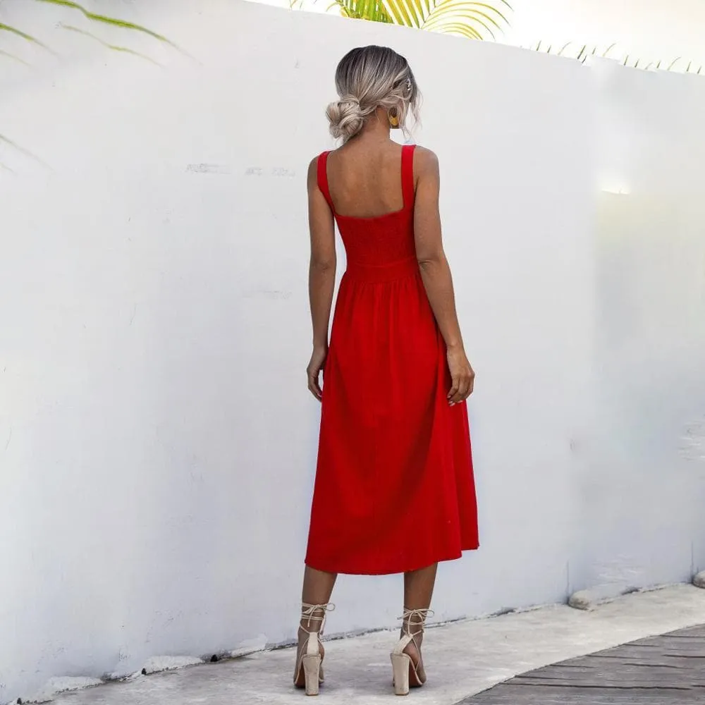 BOHO BACKLESS RUCHED SLIP MIDI DRESS