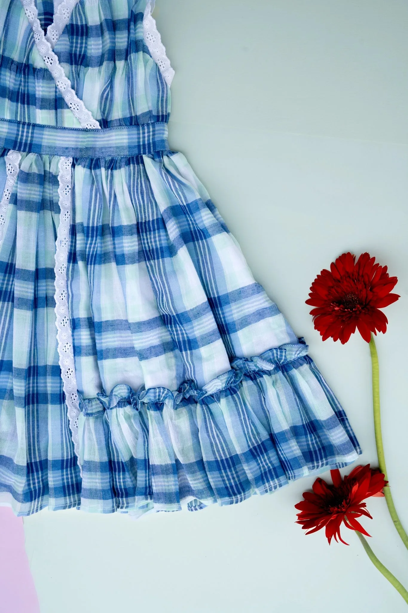 Classic Blue Check Lace Dress for Girls | Mul Cotton Frock