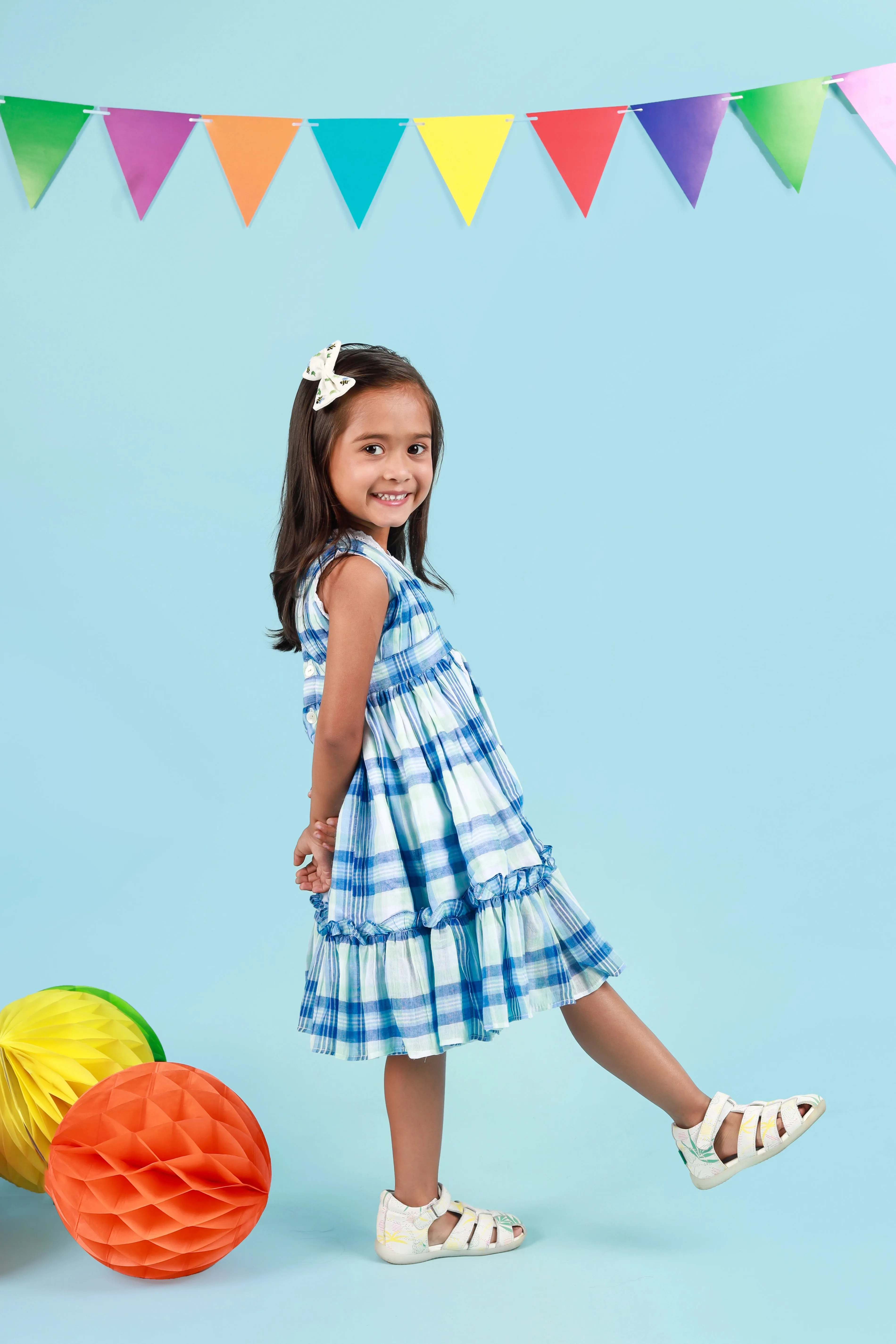 Classic Blue Check Lace Dress for Girls | Mul Cotton Frock