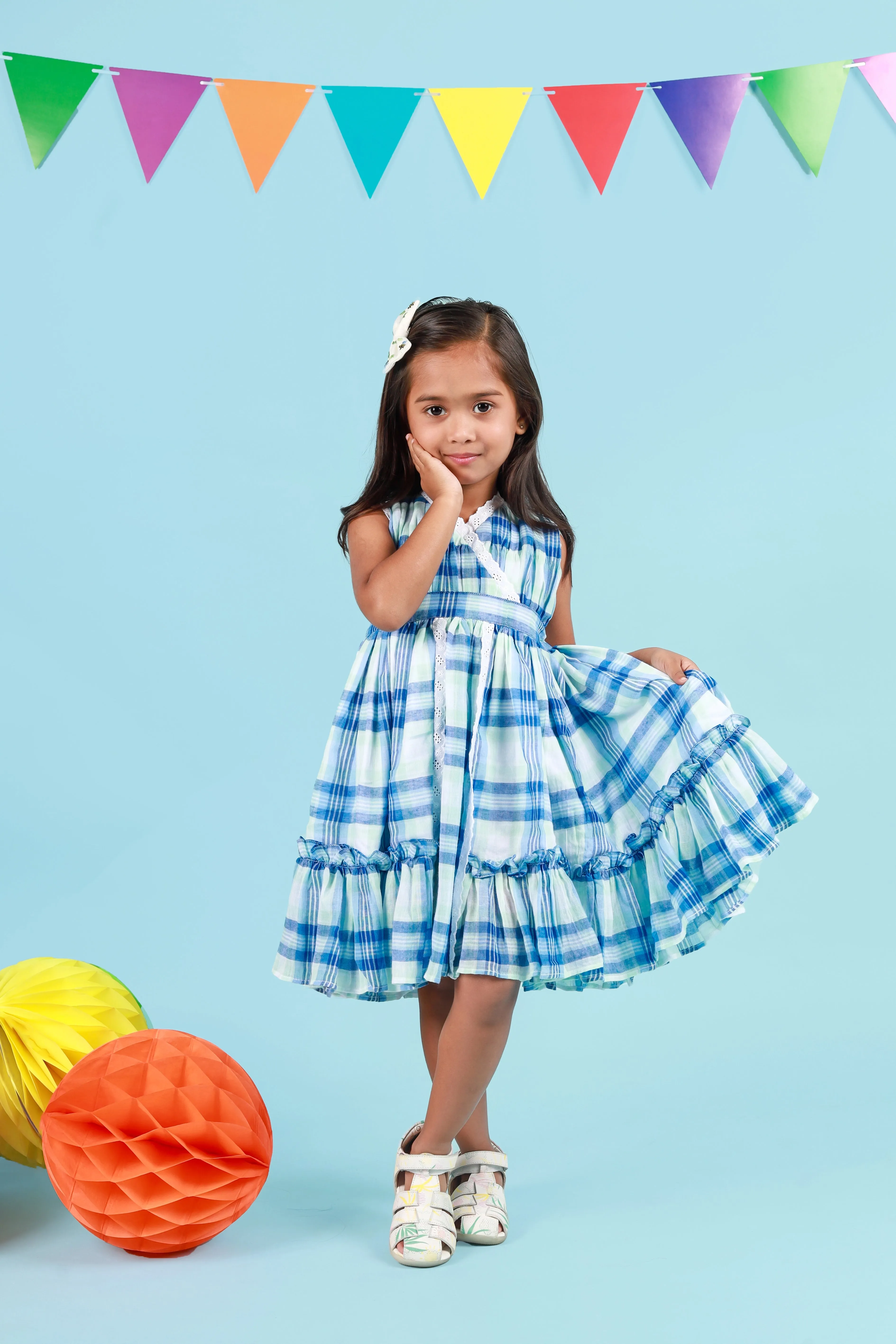 Classic Blue Check Lace Dress for Girls | Mul Cotton Frock