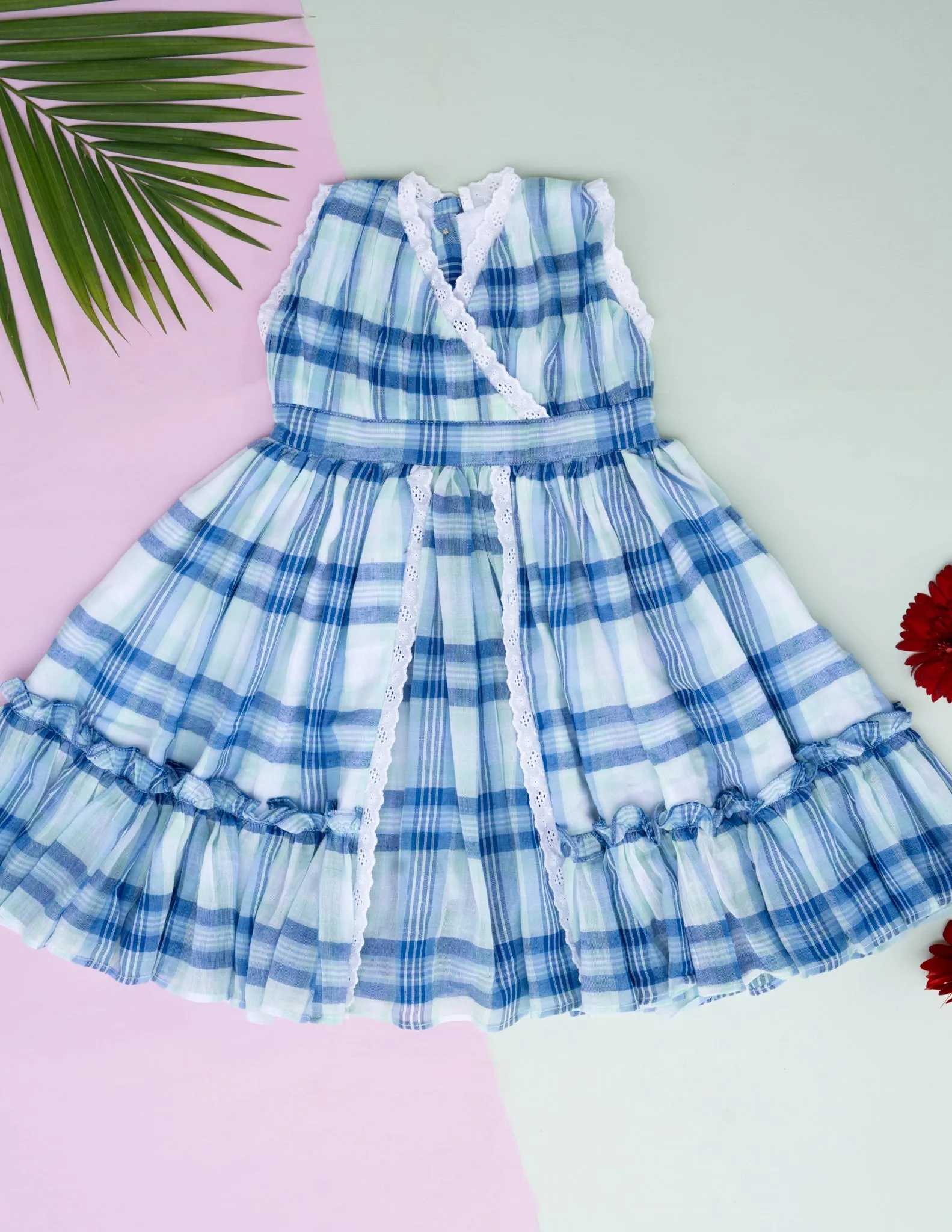 Classic Blue Check Lace Dress for Girls | Mul Cotton Frock