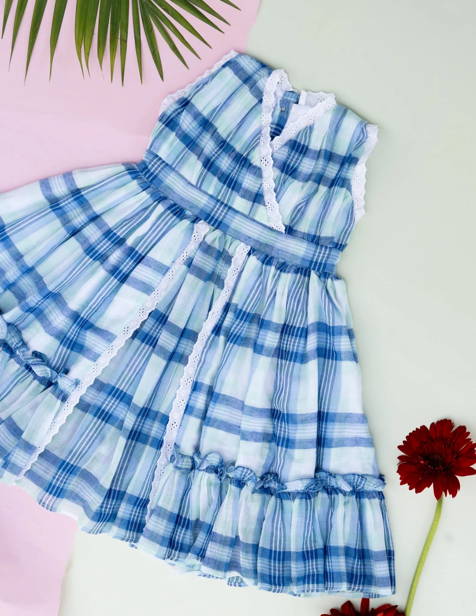 Classic Blue Check Lace Dress for Girls | Mul Cotton Frock