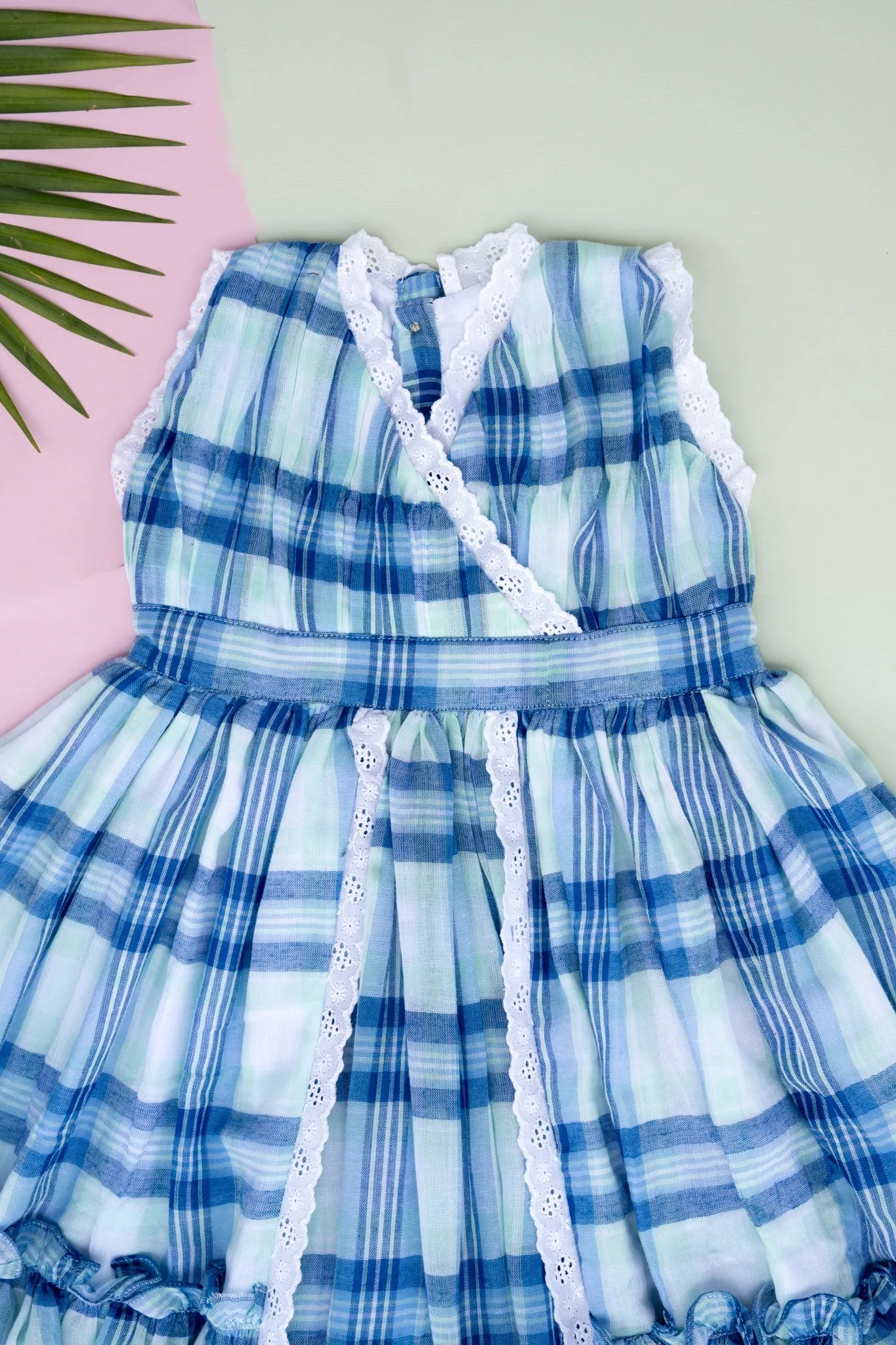 Classic Blue Check Lace Dress for Girls | Mul Cotton Frock