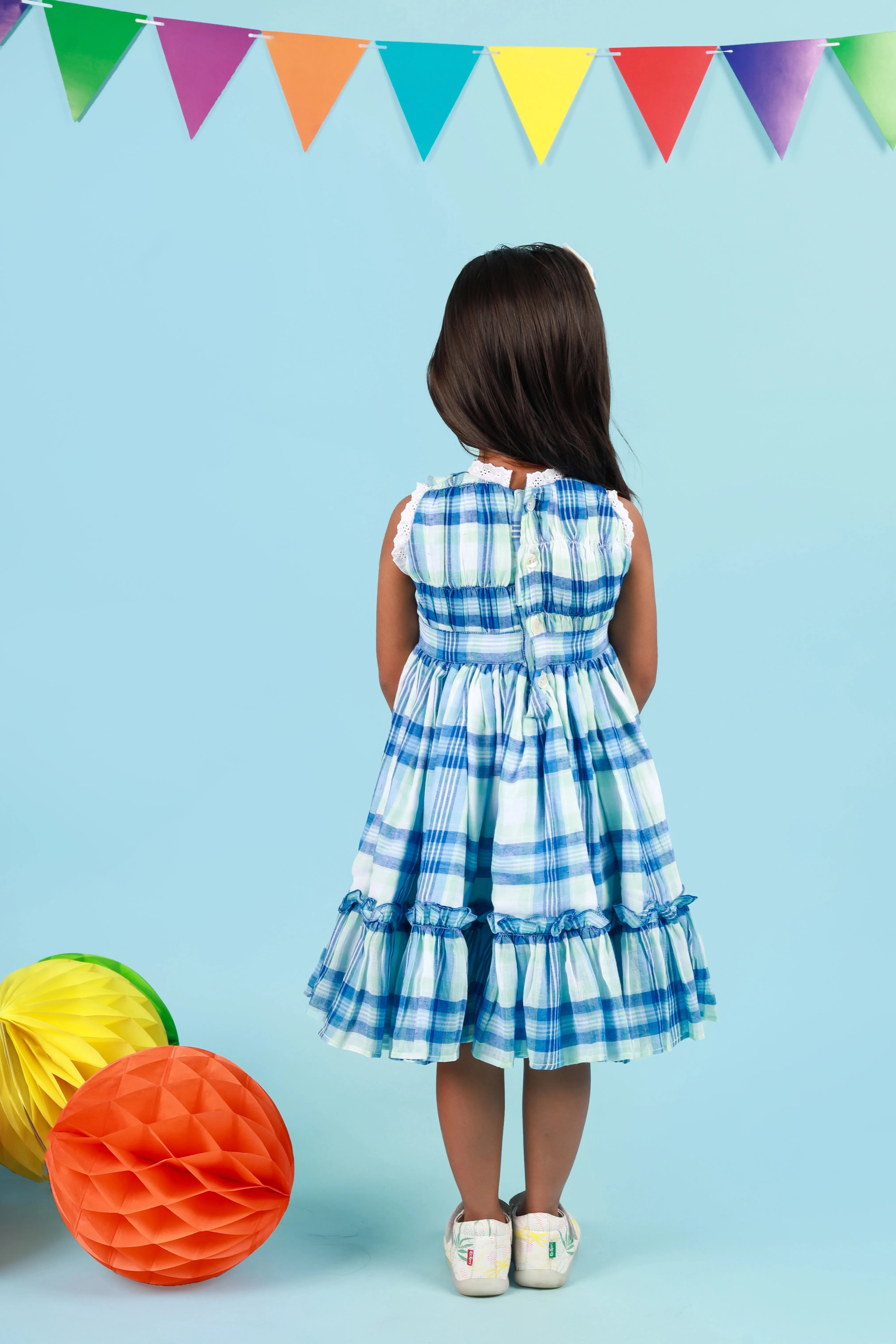 Classic Blue Check Lace Dress for Girls | Mul Cotton Frock