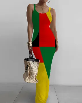 Colorblock Retro Geometric Print Bodycon Cami Dress