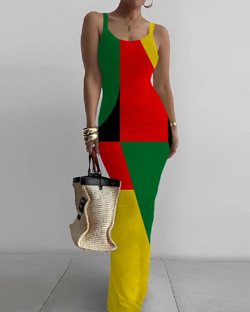 Colorblock Retro Geometric Print Bodycon Cami Dress