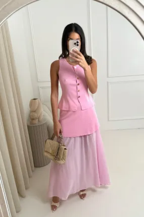 Delilah pink knit waistcoat & pleated sheer maxi skirt