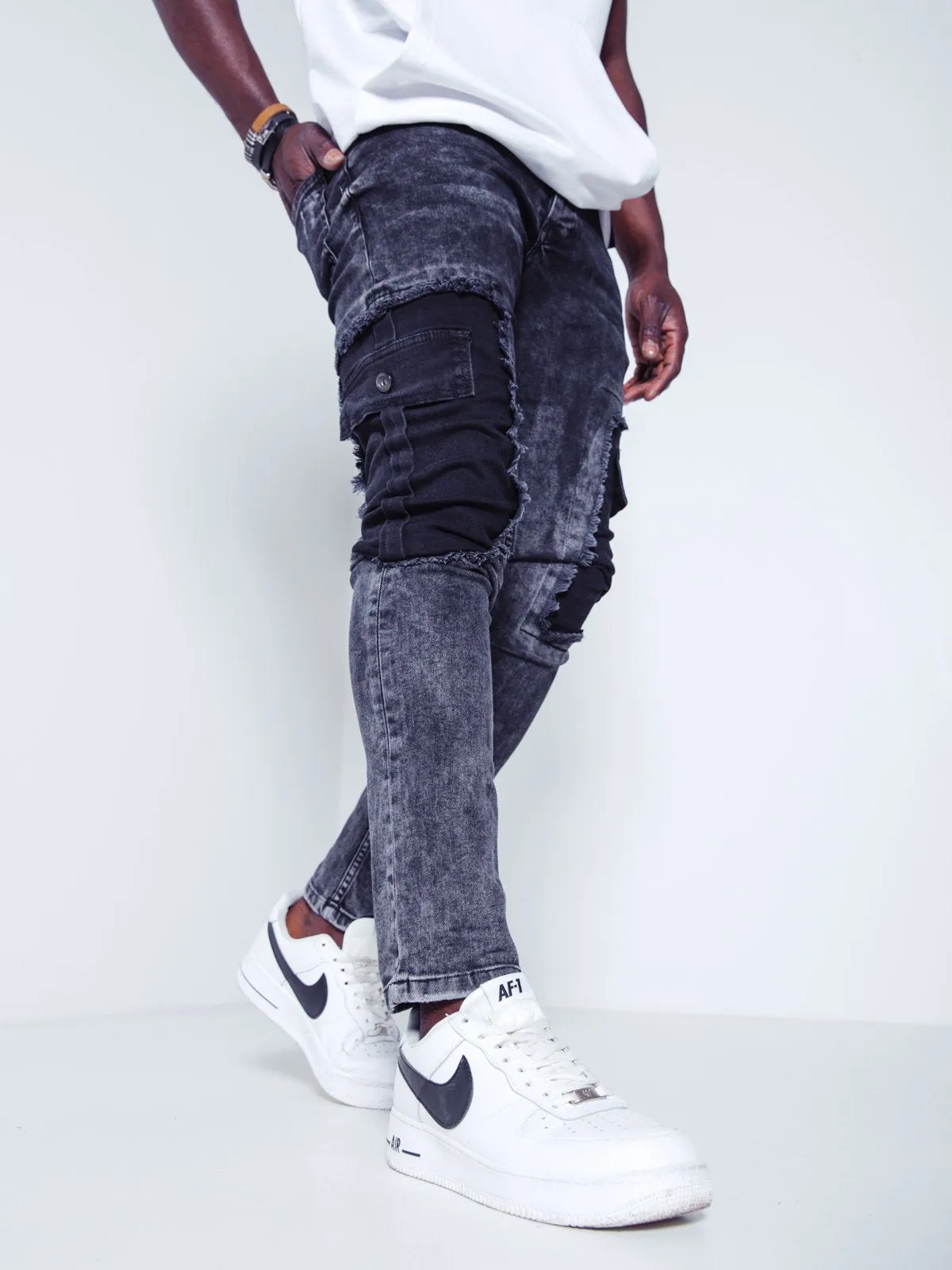 Distressed Jeans Patched Cargo Pockets - Black