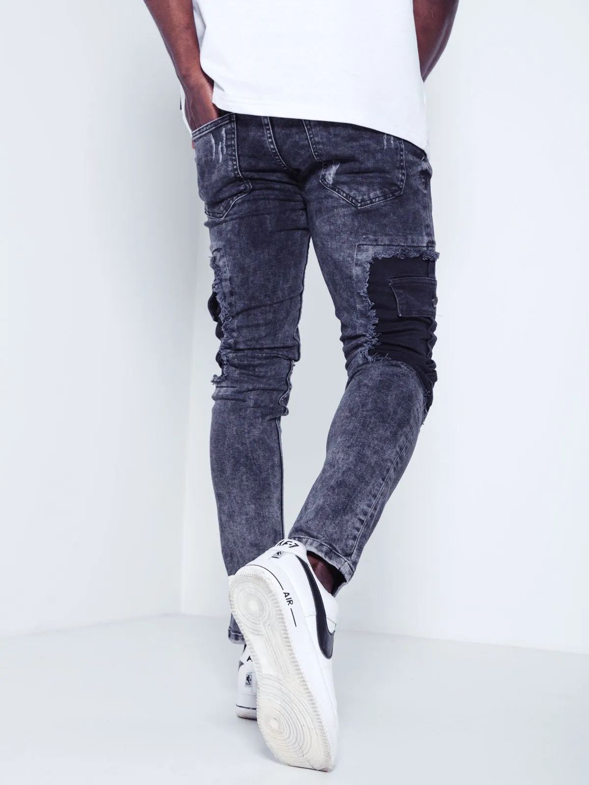 Distressed Jeans Patched Cargo Pockets - Black