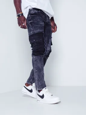 Distressed Jeans Patched Cargo Pockets - Black