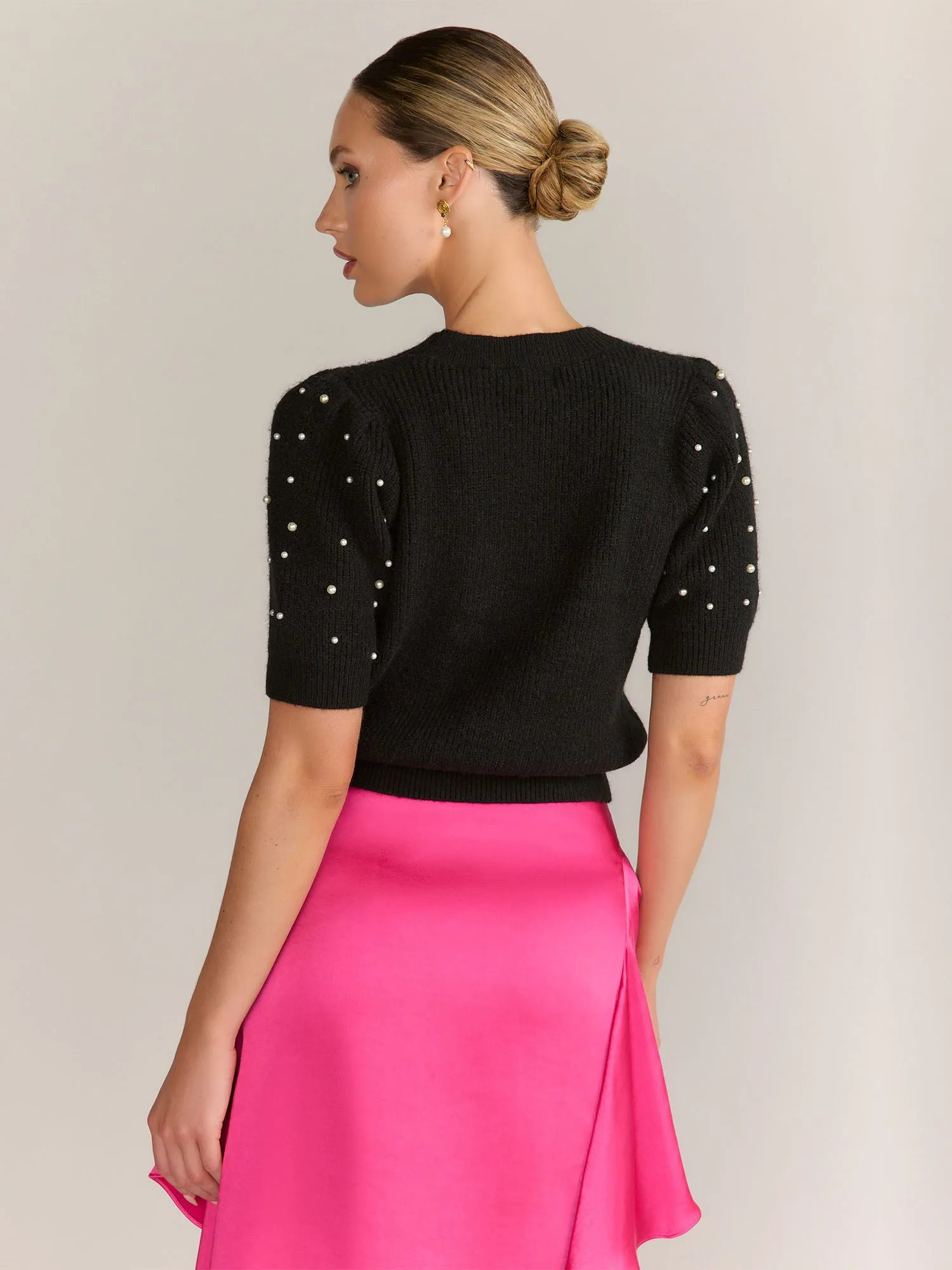 Dreamers Pearl Embellished Elbow Sleeve Ribbed Pullover - Brands We Love