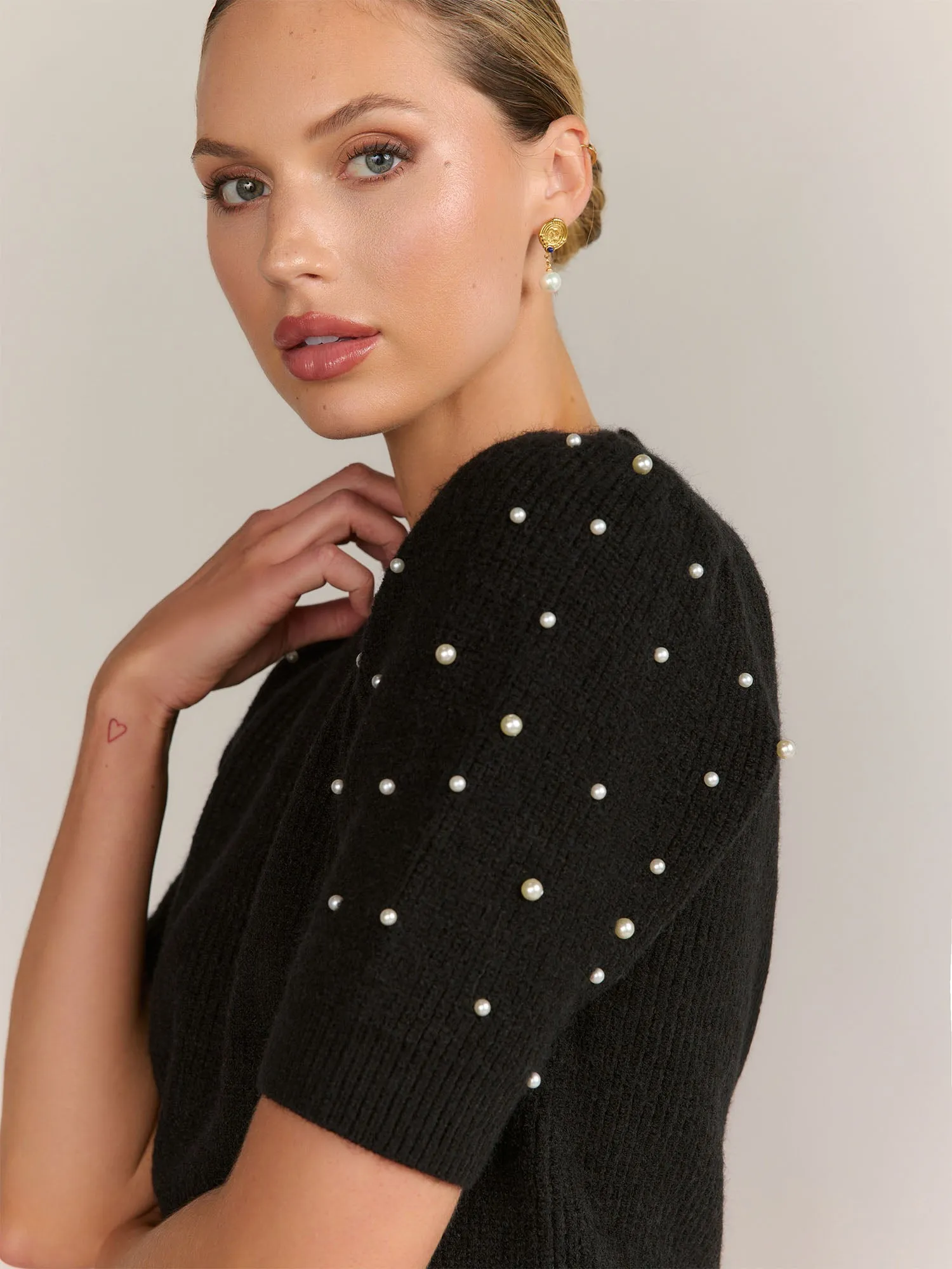 Dreamers Pearl Embellished Elbow Sleeve Ribbed Pullover - Brands We Love