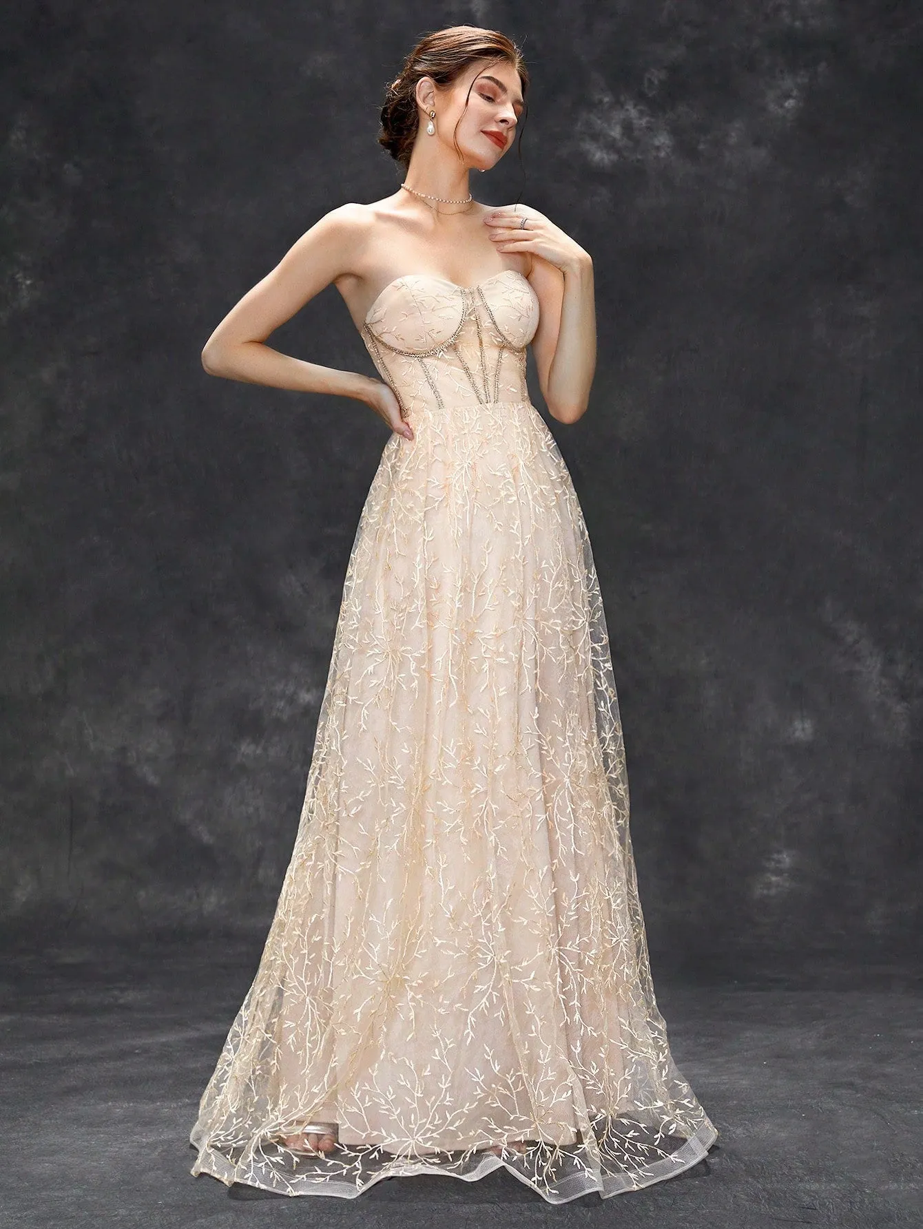 Elegant Backless Champagne Boning Evening Dress