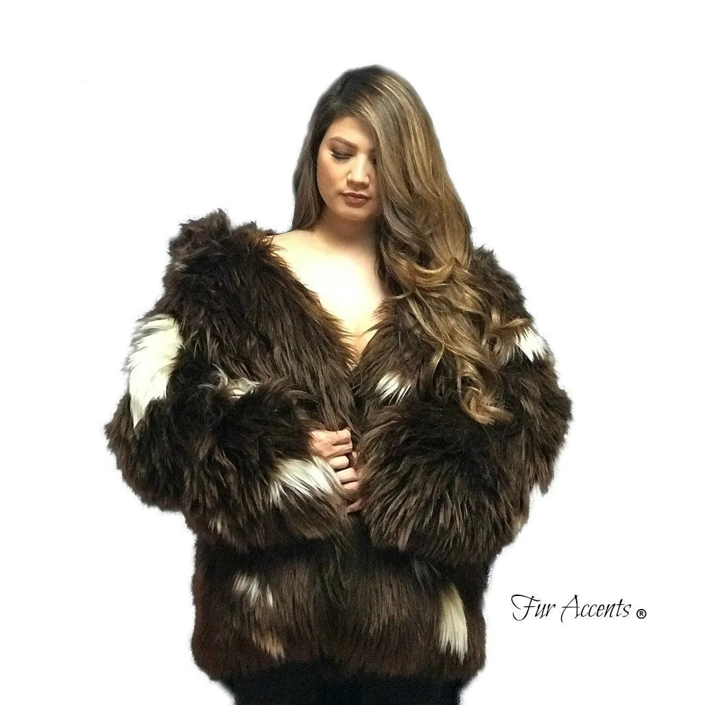 Exotic Faux Fur Coat, Shaggy Thick Brown White Spotted Buffalo, Hooded Coat,Unisex Jacket - One Size - Oversize