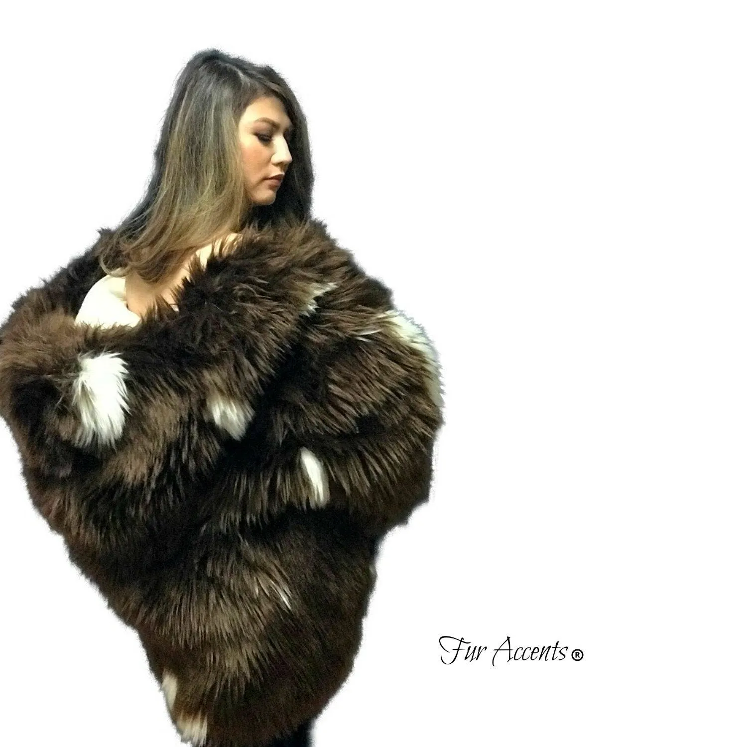 Exotic Faux Fur Coat, Shaggy Thick Brown White Spotted Buffalo, Hooded Coat,Unisex Jacket - One Size - Oversize