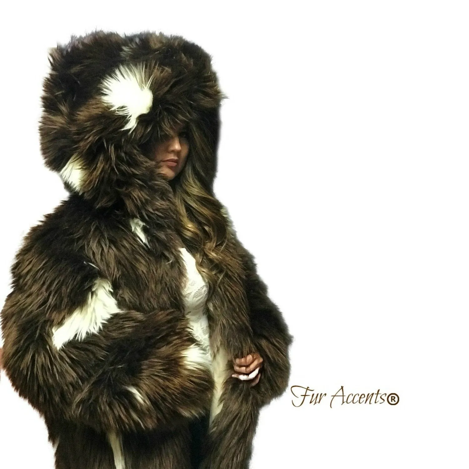 Exotic Faux Fur Coat, Shaggy Thick Brown White Spotted Buffalo, Hooded Coat,Unisex Jacket - One Size - Oversize