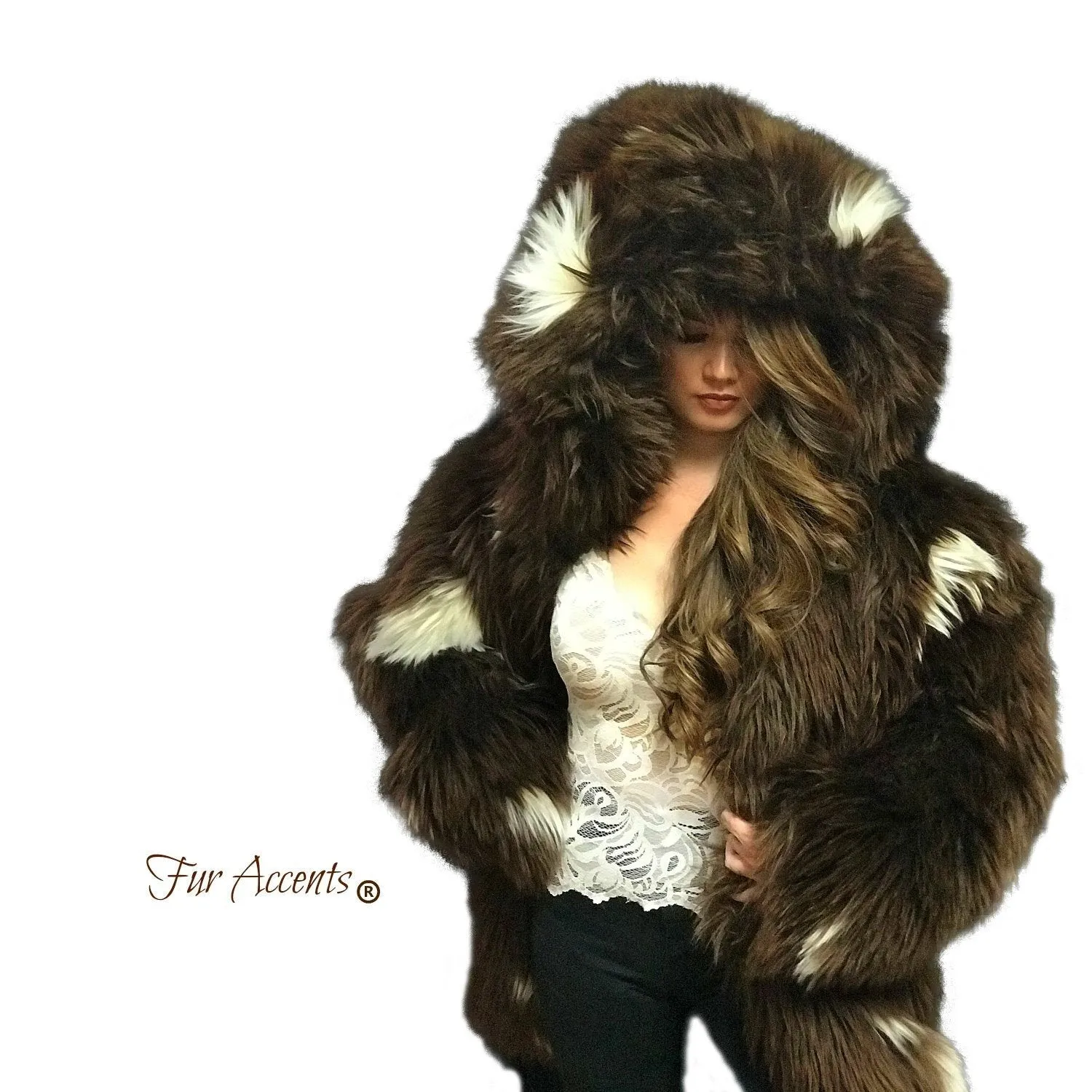 Exotic Faux Fur Coat, Shaggy Thick Brown White Spotted Buffalo, Hooded Coat,Unisex Jacket - One Size - Oversize