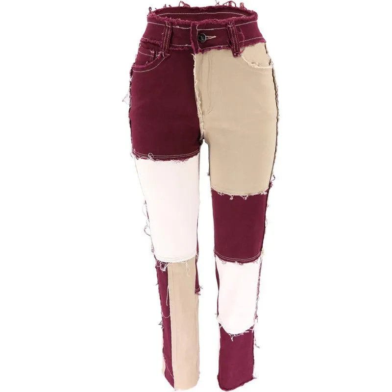 FashionSierra - Women's mid rise fashion colorblock jeans straight leg distressed jeans