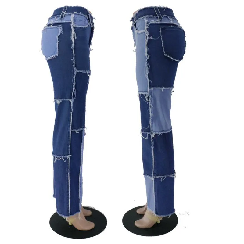 FashionSierra - Women's mid rise fashion colorblock jeans straight leg distressed jeans