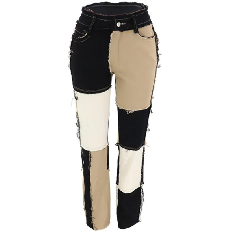 FashionSierra - Women's mid rise fashion colorblock jeans straight leg distressed jeans