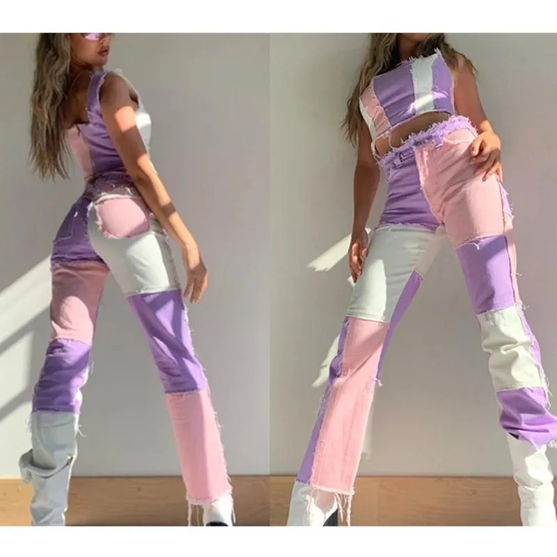 FashionSierra - Women's mid rise fashion colorblock jeans straight leg distressed jeans