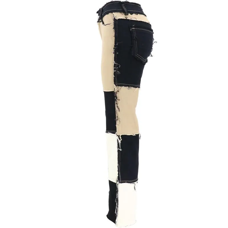 FashionSierra - Women's mid rise fashion colorblock jeans straight leg distressed jeans