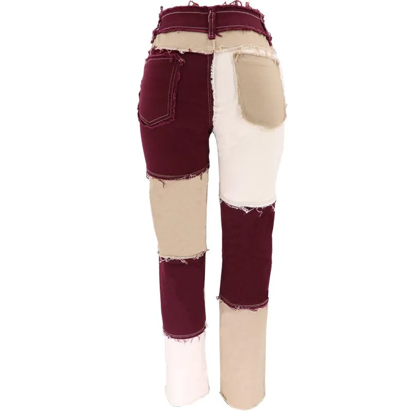 FashionSierra - Women's mid rise fashion colorblock jeans straight leg distressed jeans