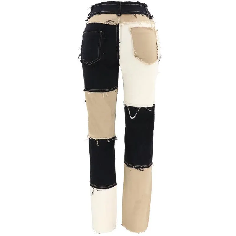 FashionSierra - Women's mid rise fashion colorblock jeans straight leg distressed jeans