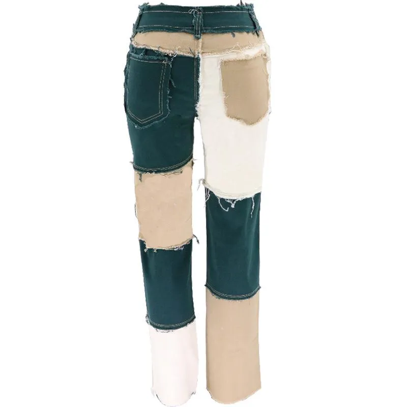 FashionSierra - Women's mid rise fashion colorblock jeans straight leg distressed jeans