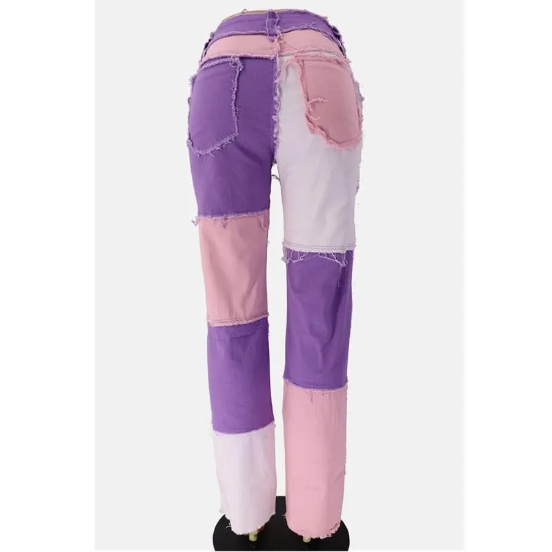 FashionSierra - Women's mid rise fashion colorblock jeans straight leg distressed jeans