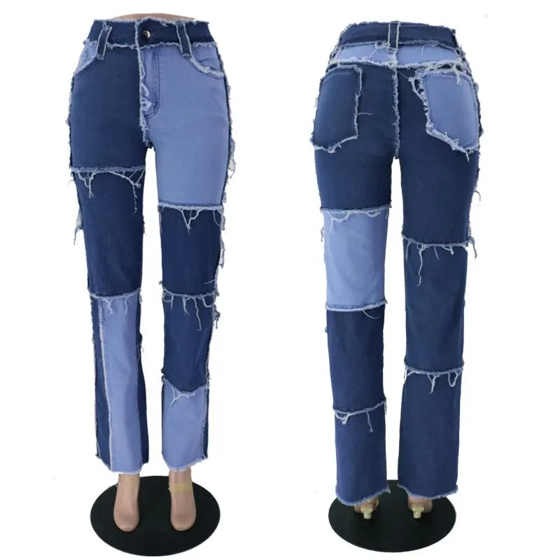 FashionSierra - Women's mid rise fashion colorblock jeans straight leg distressed jeans