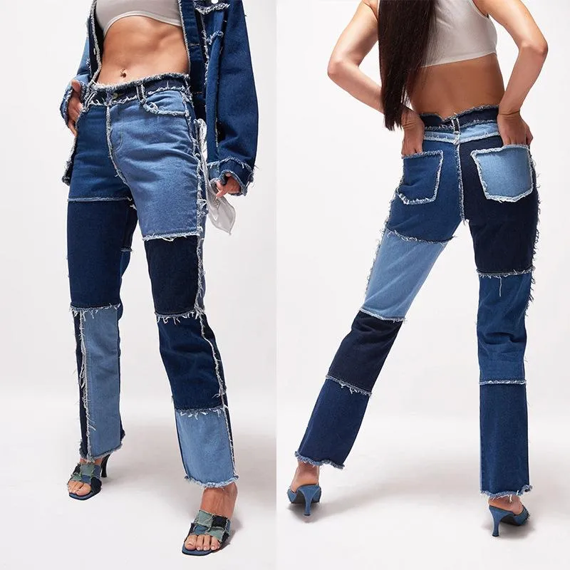 FashionSierra - Women's mid rise fashion colorblock jeans straight leg distressed jeans