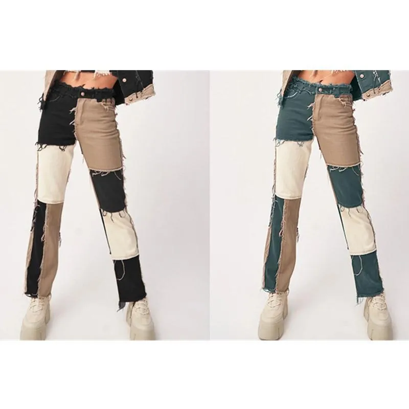 FashionSierra - Women's mid rise fashion colorblock jeans straight leg distressed jeans