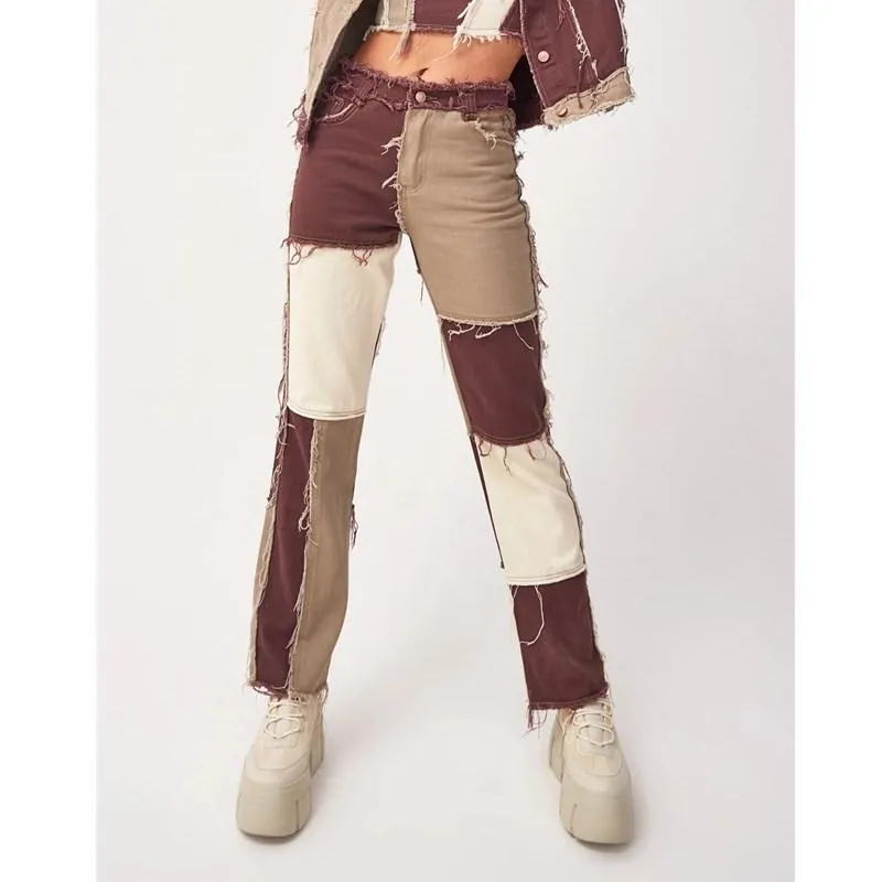 FashionSierra - Women's mid rise fashion colorblock jeans straight leg distressed jeans