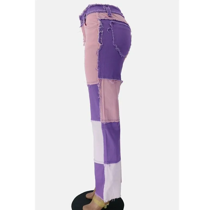 FashionSierra - Women's mid rise fashion colorblock jeans straight leg distressed jeans