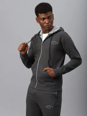 Fitkin Men Grey Zipper Fleece Hooded Jacket