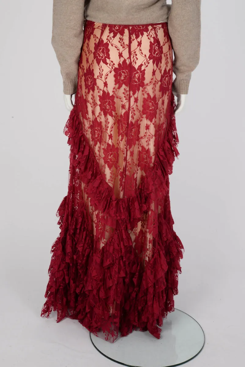 Galliano Scarlet Red Lace Maxi Split Skirt IT 40