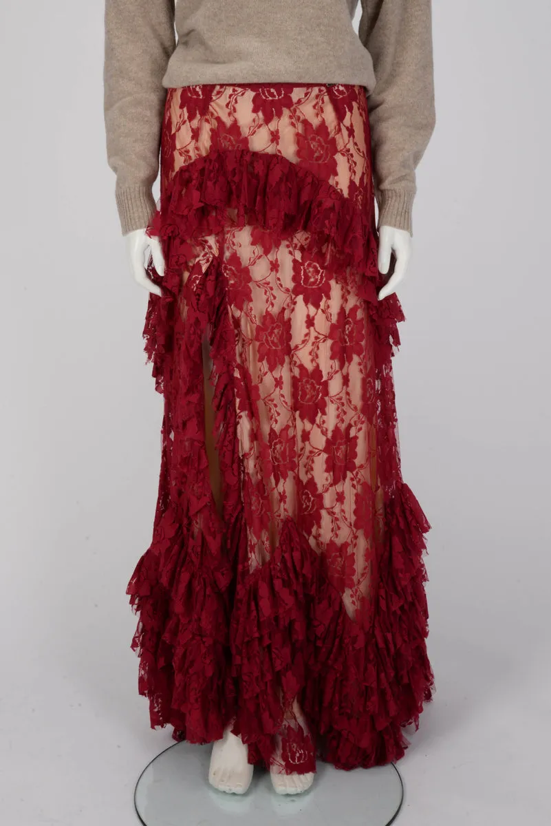 Galliano Scarlet Red Lace Maxi Split Skirt IT 40