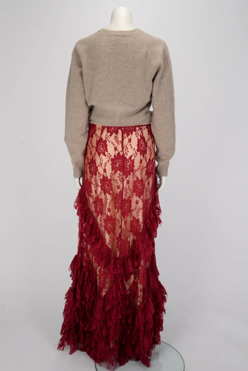 Galliano Scarlet Red Lace Maxi Split Skirt IT 40