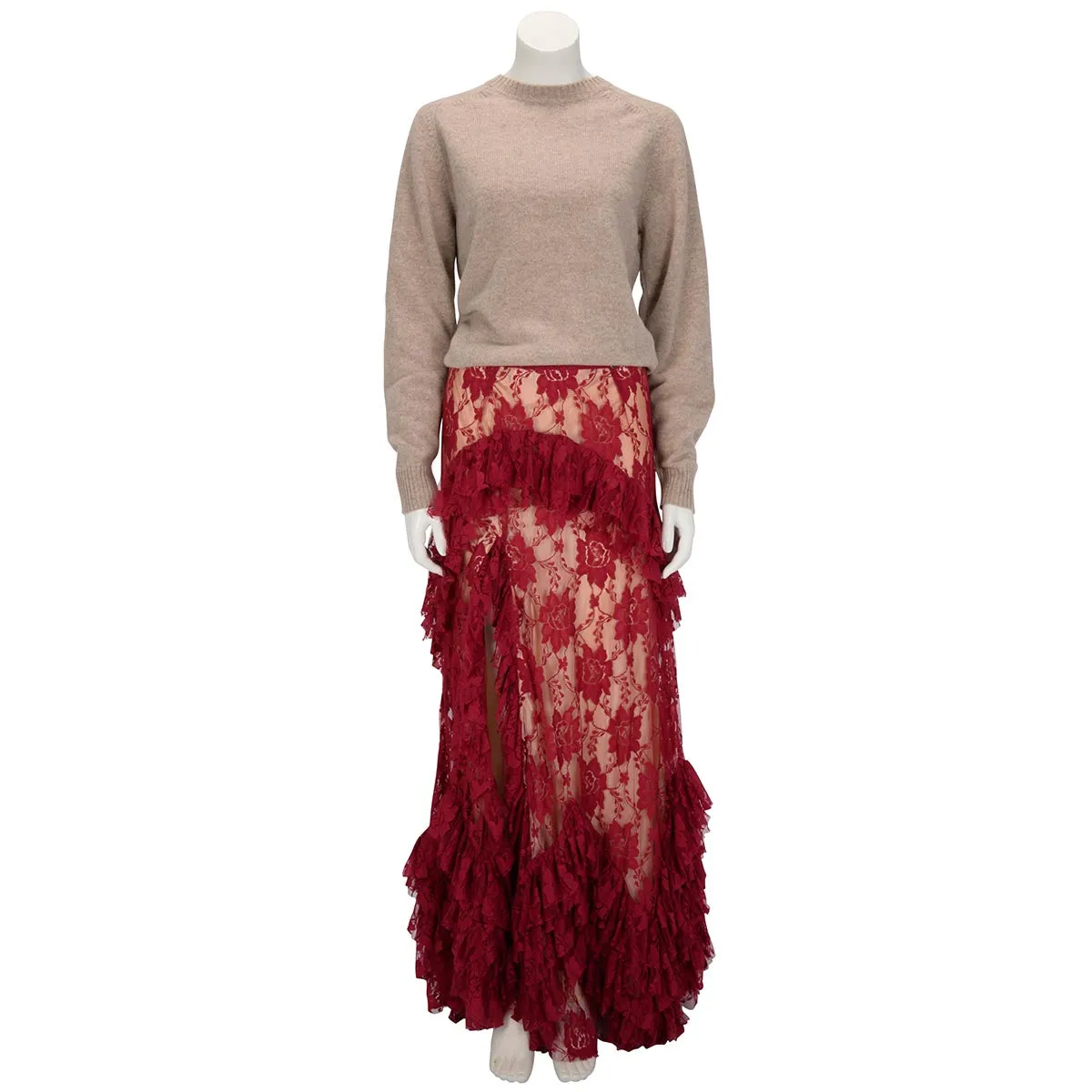Galliano Scarlet Red Lace Maxi Split Skirt IT 40