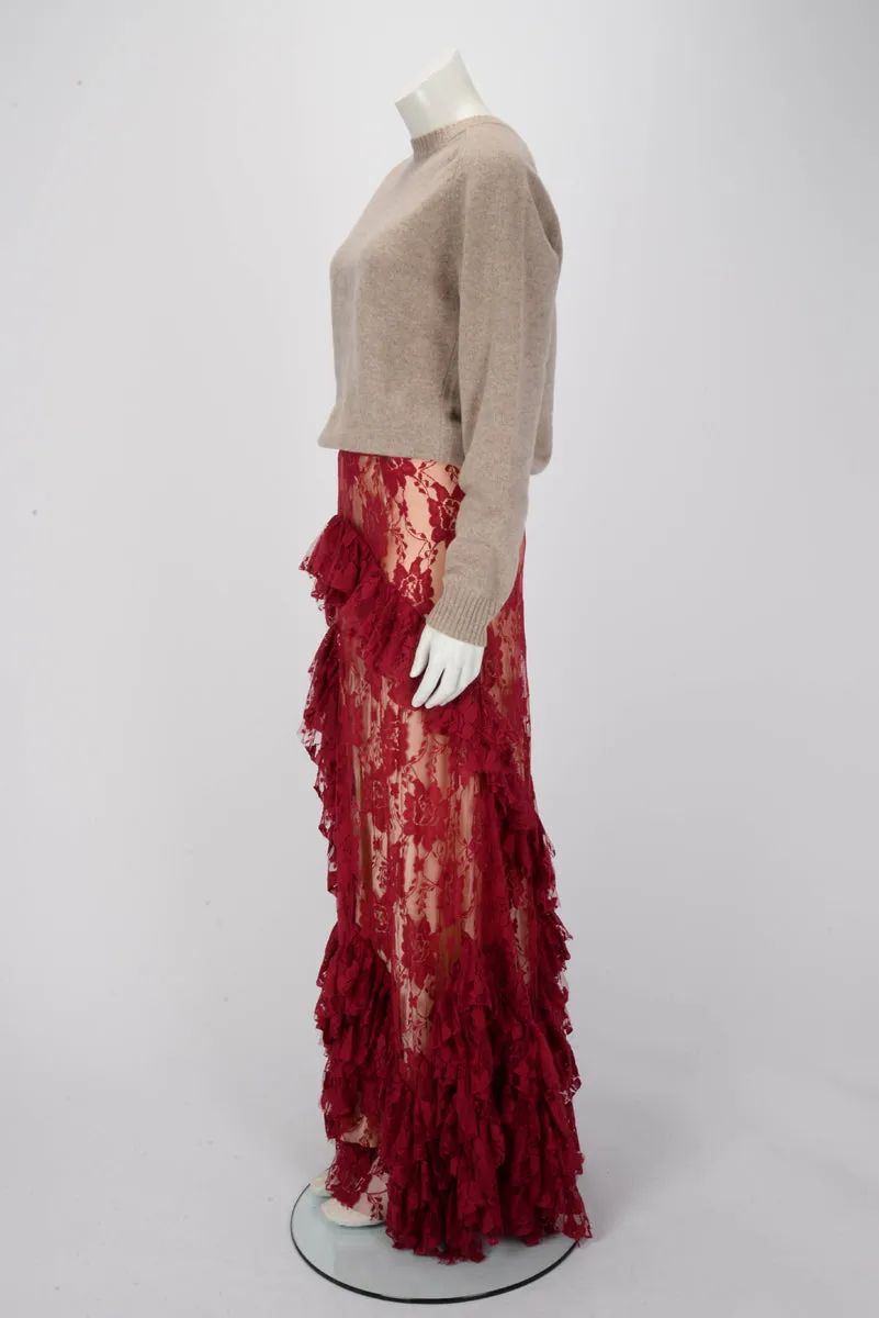 Galliano Scarlet Red Lace Maxi Split Skirt IT 40